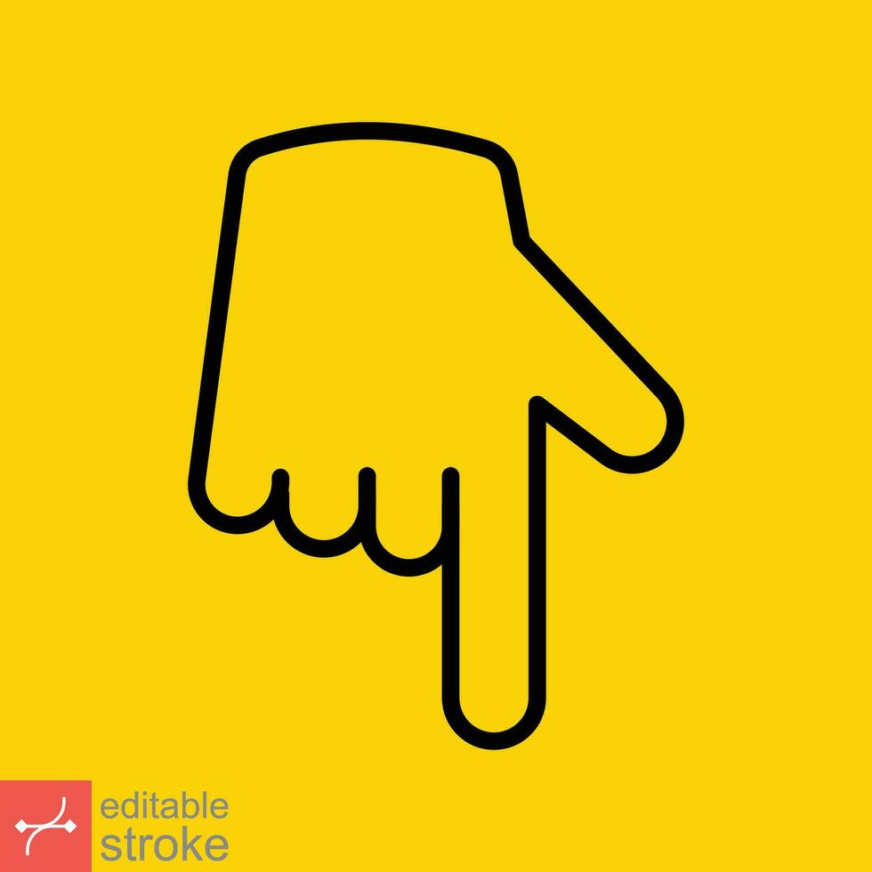 Backhand index pointing down icon. Simple outline style. Hand, down, arrow, finger concept. Thin line vector illustration isolated on yellow background. Editable stroke EPS 10.