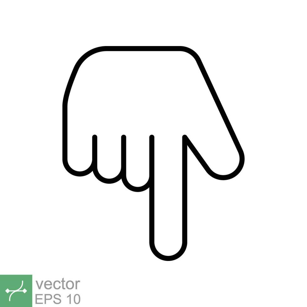 Pointing down icon. Simple outline style. Backhand index pointing down, forefinger, hand gesture pointer concept. Thin line vector illustration isolated on white background. EPS 10.