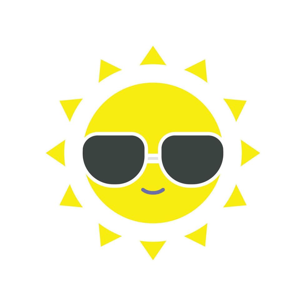 Happy summer Cheerful sun character with sunglasses in tropical island. Yellow smiling summer sun in glasses. Heat, hot, sunlight, vacation icon. Vector illustration filled outline style EPS 10