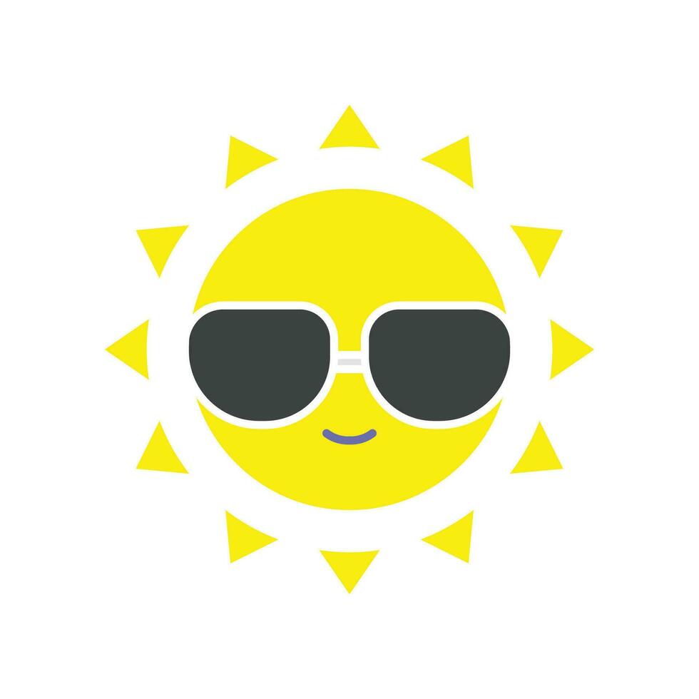 Happy summer Cheerful sun character with sunglasses in tropical island. Yellow smiling summer sun in glasses. Heat, hot, sunlight, vacation icon. Vector illustration filled outline style EPS 10