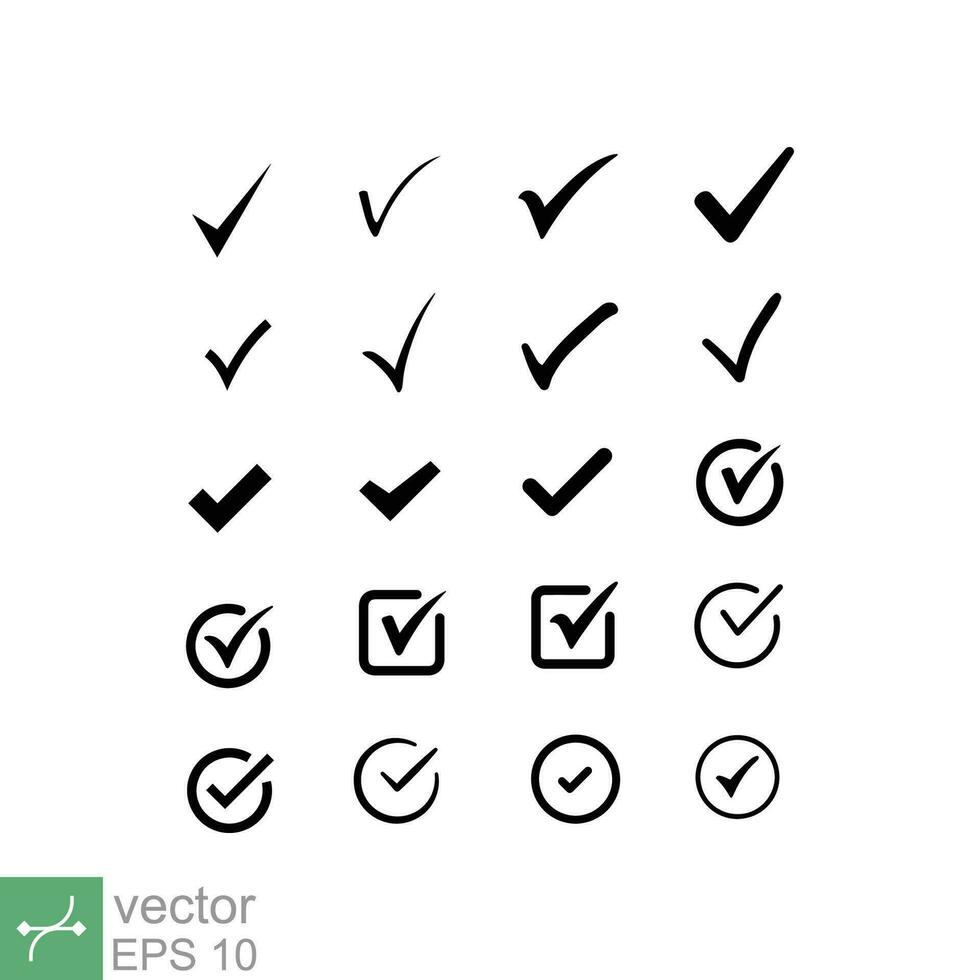 Check mark icon set. Simple flat style. Tick, checkmark, checkbox, checklist, black correct sign, accept concept. Vector illustration isolated on white background. EPS 10.