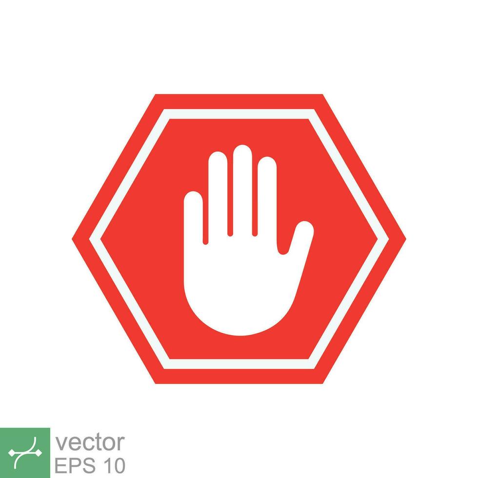 Red hand stop sign vector icon. Warning symbol, ban, forbidden, halt, safety traffic concept. Flat illustration isolated on white background. EPS 10.