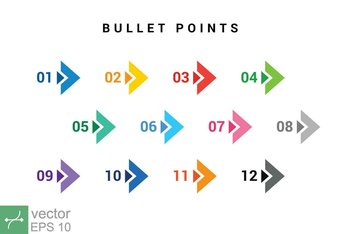 Direction number bullet points from one to twelve. Simple flat style. Number with arrow for list and tag infographic. Vector illustration isolated on white background. EPS 10.