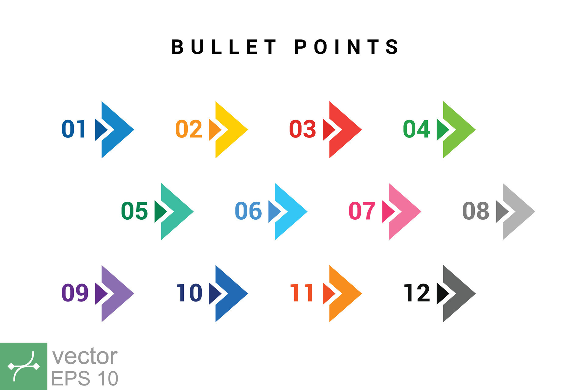 Direction number bullet points from one to twelve. Simple flat style