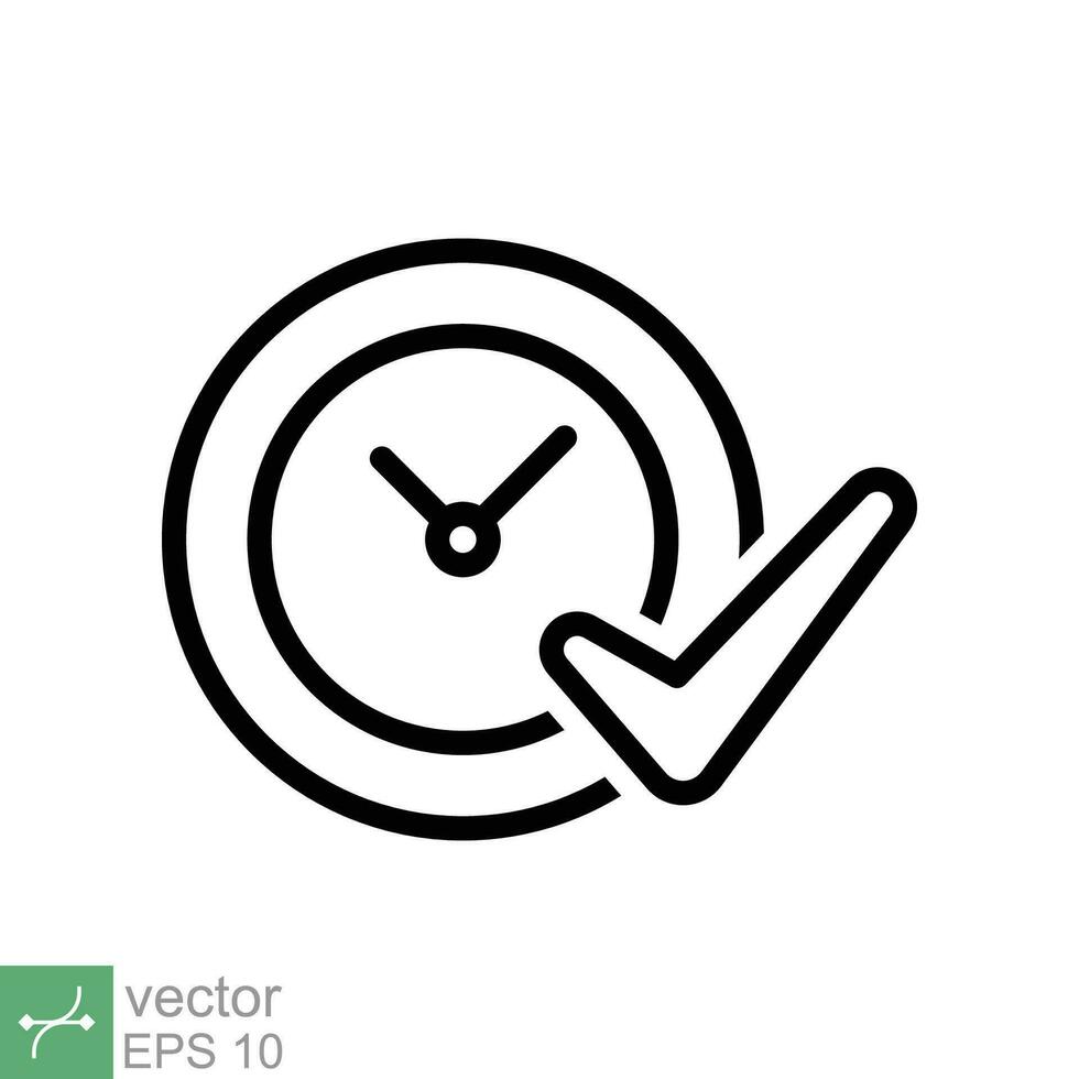 Check mark on clock icon. Simple outline style. Real time protection, perfect hour, circle watch, timer concept. Thin line vector illustration isolated on white background. EPS 10.