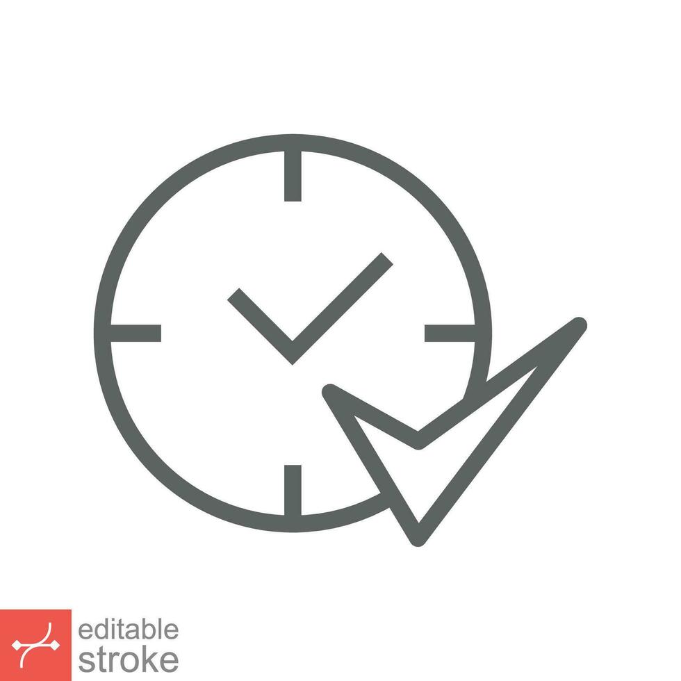 Check mark on clock icon. Simple outline style. Real time protection, perfect hour, circle watch, timer concept. Thin line vector illustration isolated on white background. Editable stroke EPS 10.