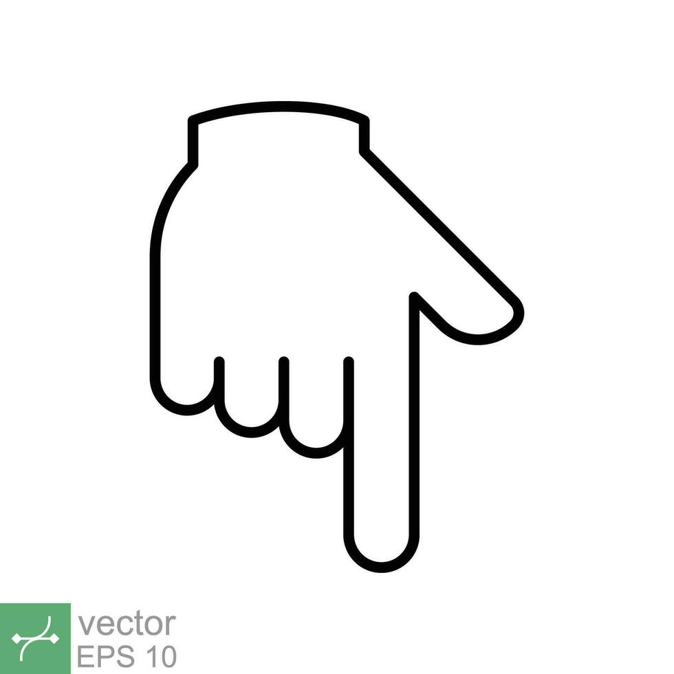 Pointing down icon. Simple outline style. Backhand index pointing down, forefinger, hand gesture pointer concept. Thin line vector illustration isolated on white background. EPS 10.