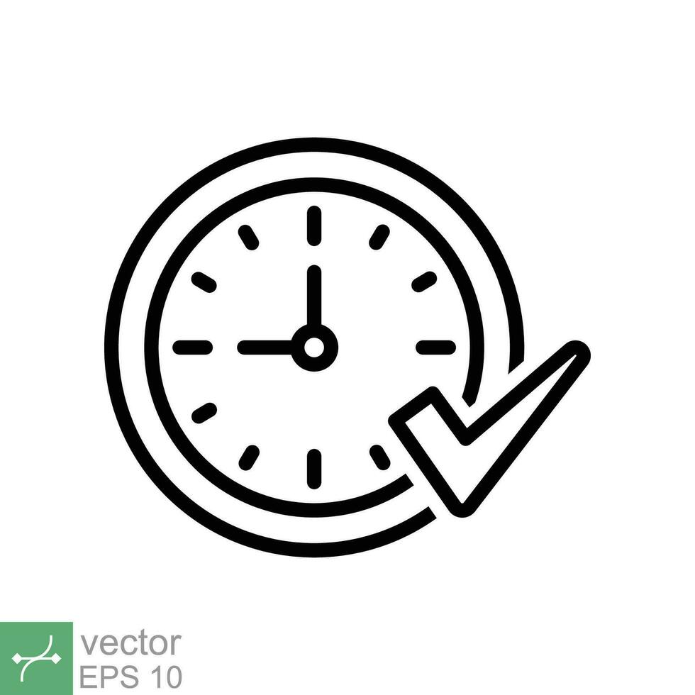 Check mark on clock icon. Simple outline style. Real time protection, perfect hour, circle watch, timer concept. Thin line vector illustration isolated on white background. EPS 10.