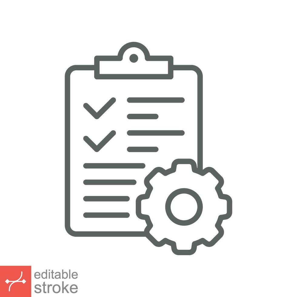 Clipboard with gear icon. Simple outline style. Project plan, document, task check list, cog, management concept. Thin line vector illustration isolated on white background. Editable stroke EPS 10.