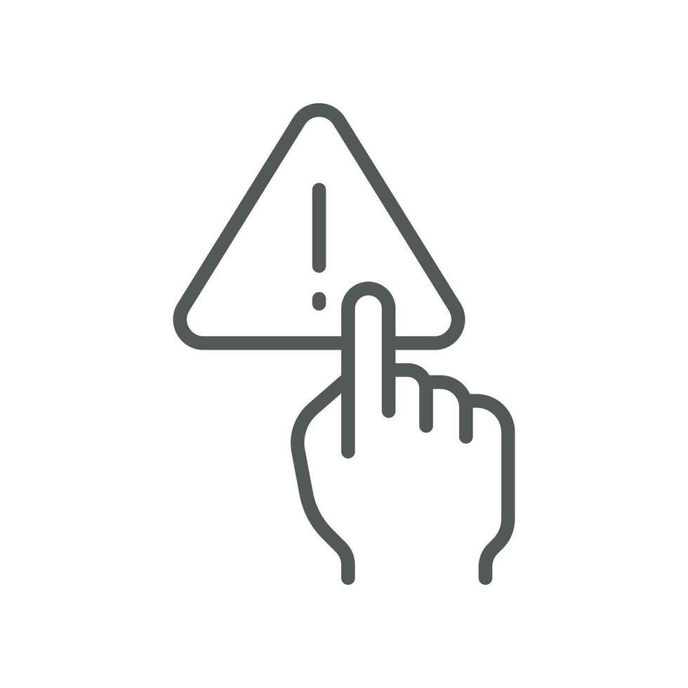 Index finger touch triangle warning symbol with exclamation mark inside for no manage hand sign. Finger, gesture, hand, interaction, warning icon Vector illustration filled outline style. EPS10