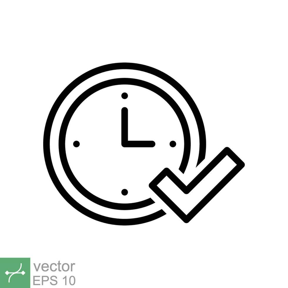 Check mark on clock icon. Simple outline style. Real time protection, perfect hour, circle watch, timer concept. Thin line vector illustration isolated on white background. EPS 10.