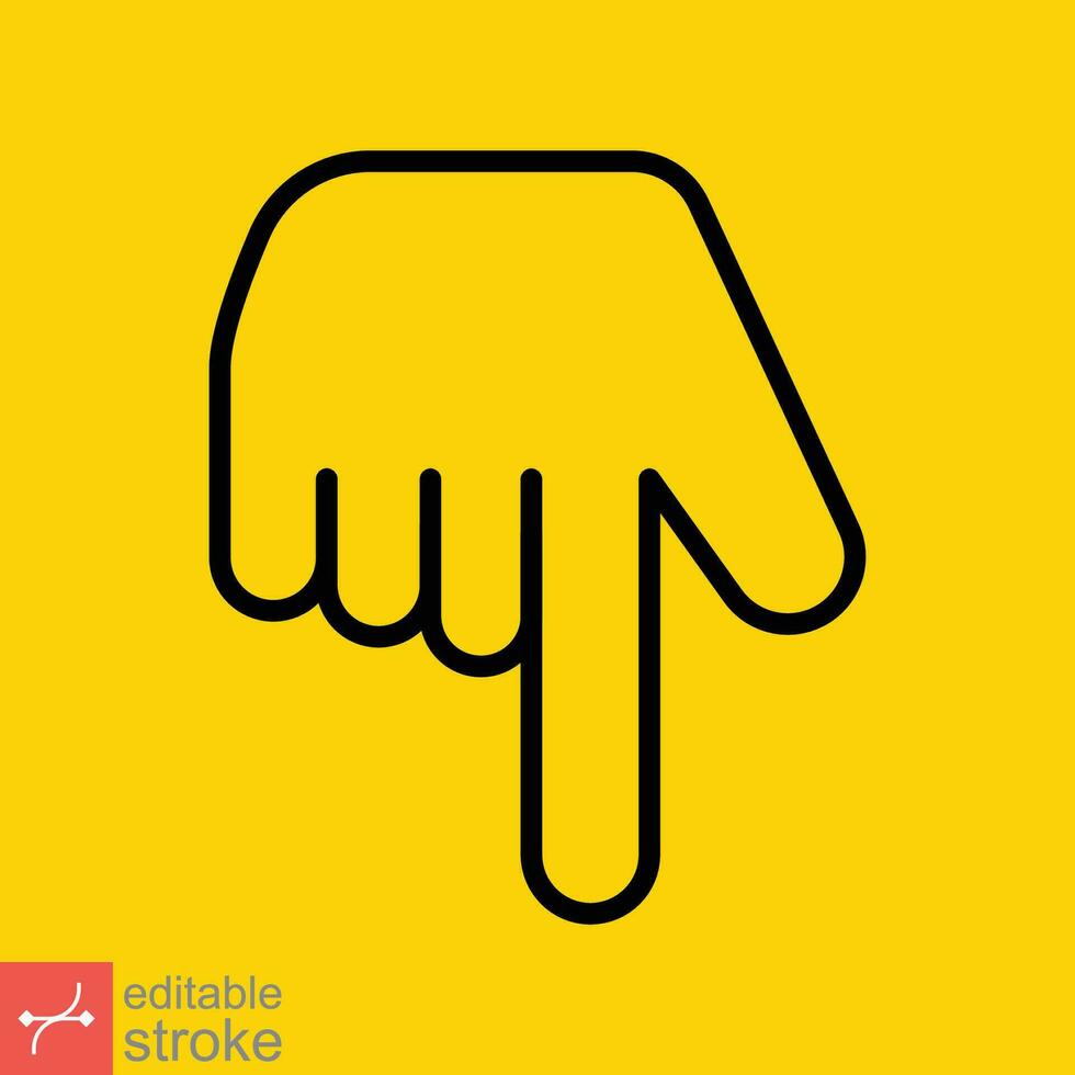 Backhand index pointing down icon. Simple outline style. Hand, down, arrow, finger concept. Thin line vector illustration isolated on yellow background. Editable stroke EPS 10.