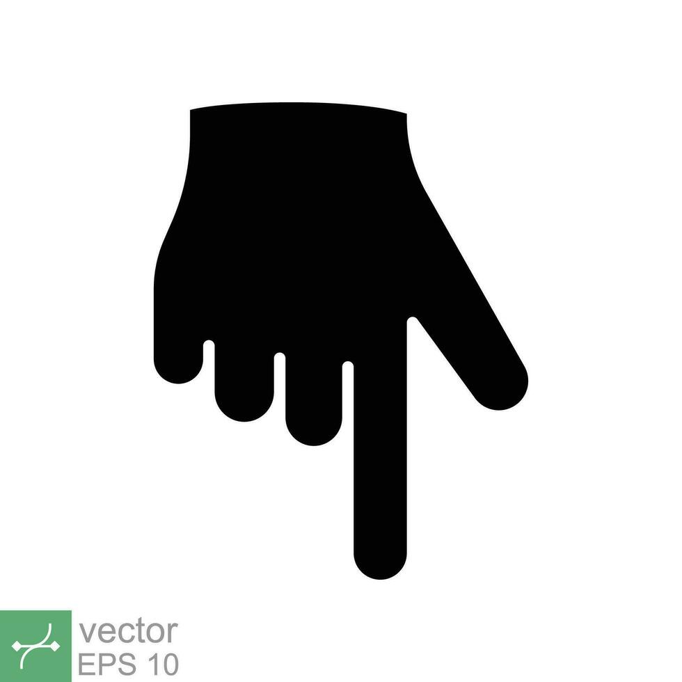 Pointing down icon. Simple solid style. Backhand index pointing down, forefinger, hand gesture pointer concept. Glyph vector illustration isolated on white background. EPS 10.