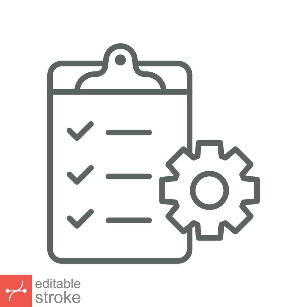 Clipboard with gear icon. Simple outline style. Project plan, document, task check list, cog, management concept. Thin line vector illustration isolated on white background. Editable stroke EPS 10.