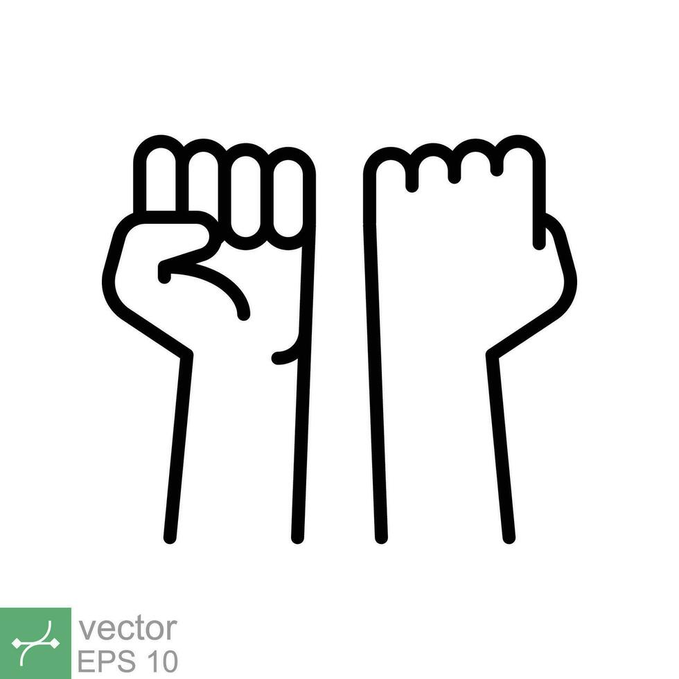 puño elevado arriba icono. sencillo contorno estilo. fuerte brazo, mano fuerza, unidad, revolución, protesta, libertad concepto. Delgado línea vector ilustración aislado en blanco antecedentes. eps 10