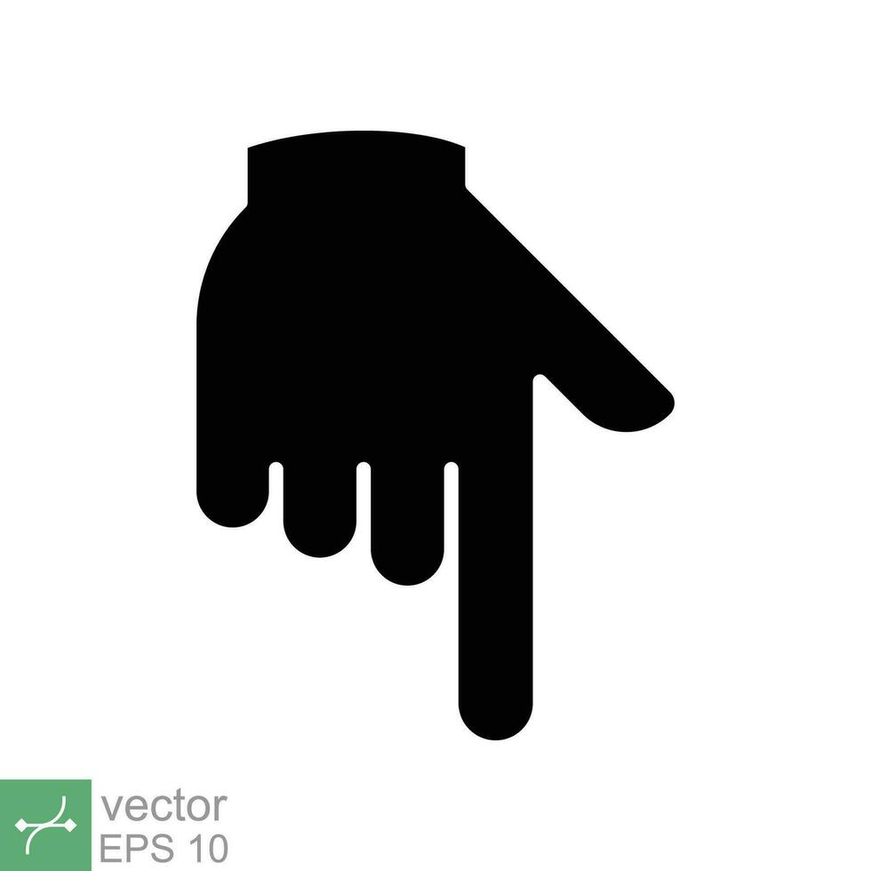 Pointing down icon. Simple solid style. Backhand index pointing down, forefinger, hand gesture pointer concept. Glyph vector illustration isolated on white background. EPS 10.