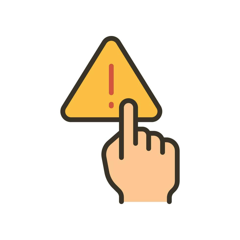 Index finger touch triangle warning symbol with exclamation mark inside for no manage hand sign. Finger, gesture, hand, interaction, warning icon Vector illustration filled outline style. EPS10