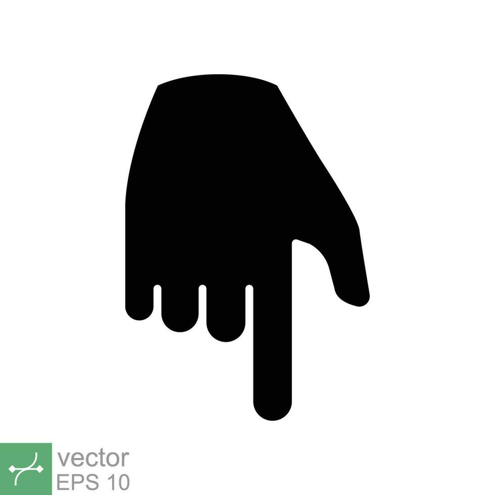 Pointing down icon. Simple solid style. Backhand index pointing down, forefinger, hand gesture pointer concept. Glyph vector illustration isolated on white background. EPS 10.