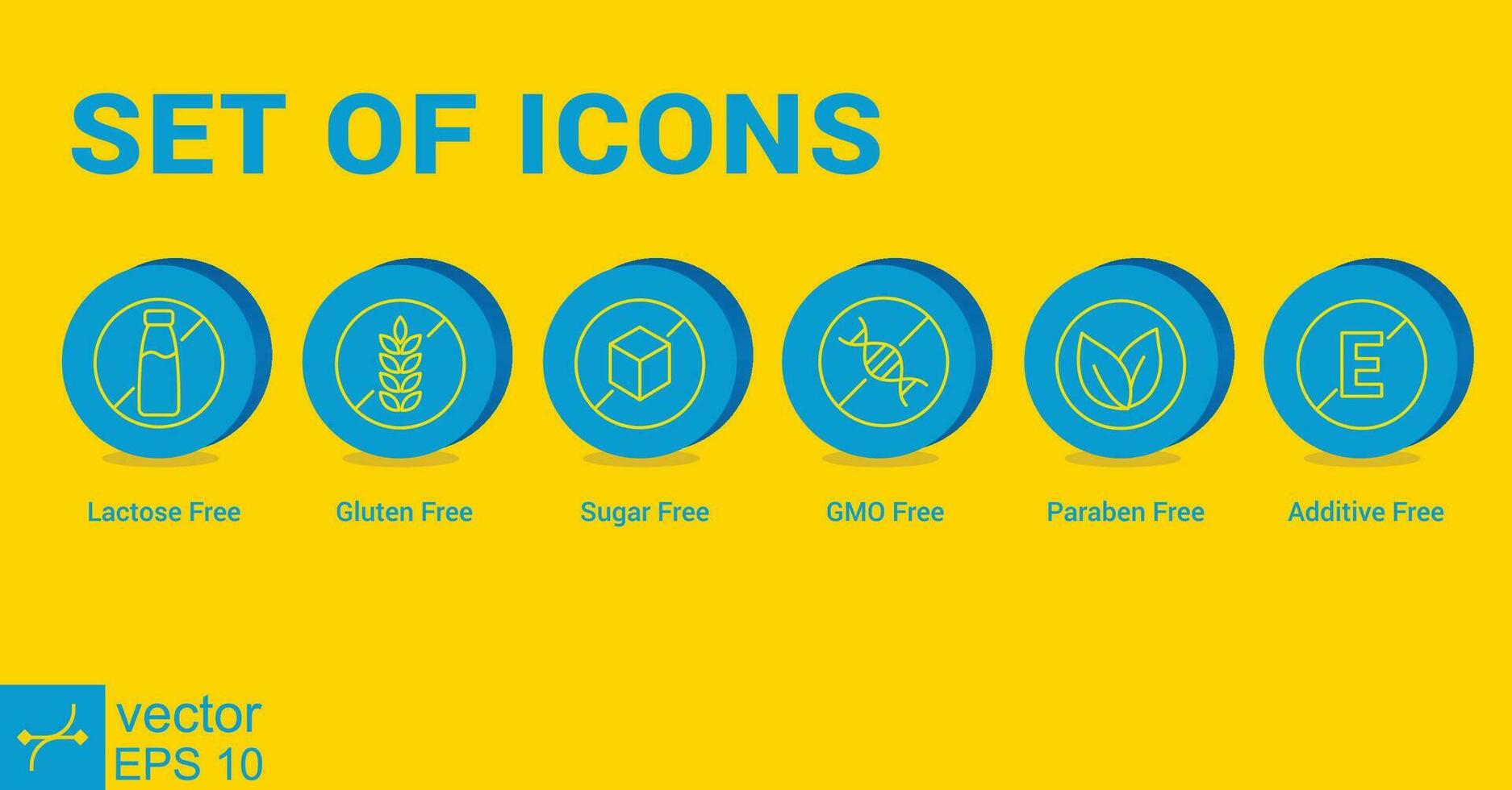 Set of common allergens icon. Simple outline style. Gluten free, lactose free, GMO free, Paraben, food additive, sugar free. Thin line vector illustration isolated. EPS 10.