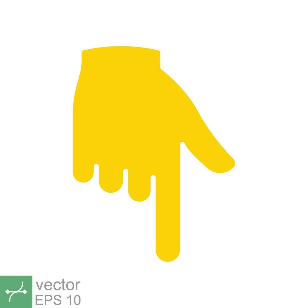 Yellow backhand index pointing down icon. Simple flat style. Hand, down, arrow, finger concept. Vector illustration isolated on white background. EPS 10.