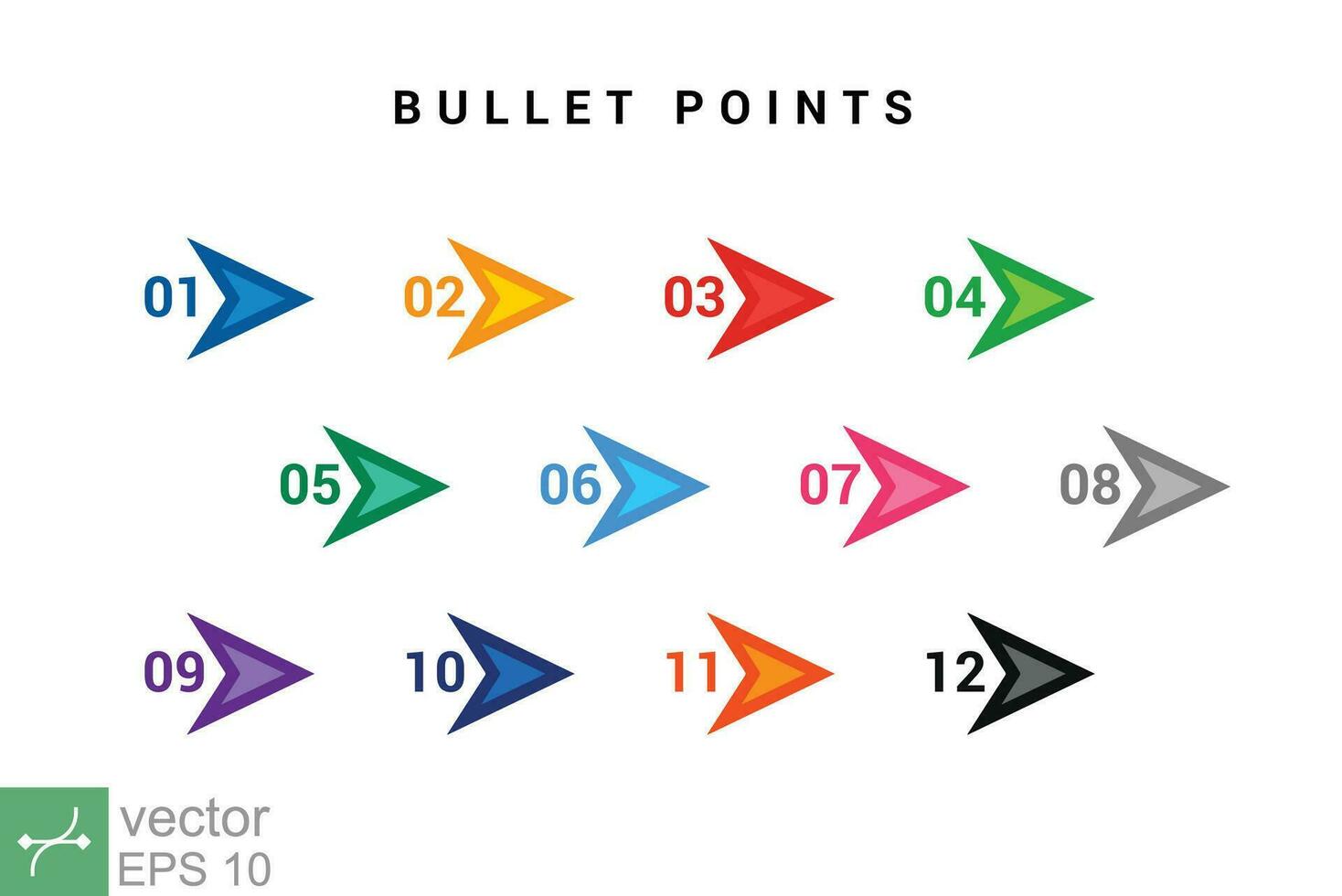 Direction number bullet points from one to twelve. Simple flat style. Number with arrow for list and tag infographic. Vector illustration isolated on white background. EPS 10.