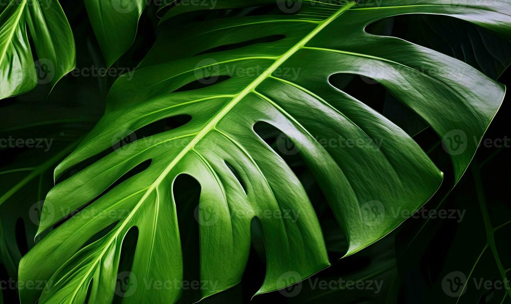 Monstera leaf wallpaper. Tropical foliage background. Natural textured. For postcard, book illustration. Created with generative AI tools photo