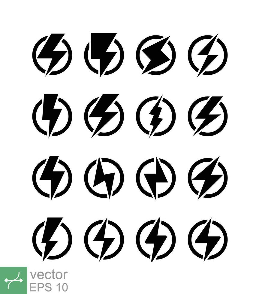 Power icon set. Simple flat style. Lightning power in circle, electric, flash symbol, light, battery energy concept. Vector illustration isolated on white background. EPS 10.