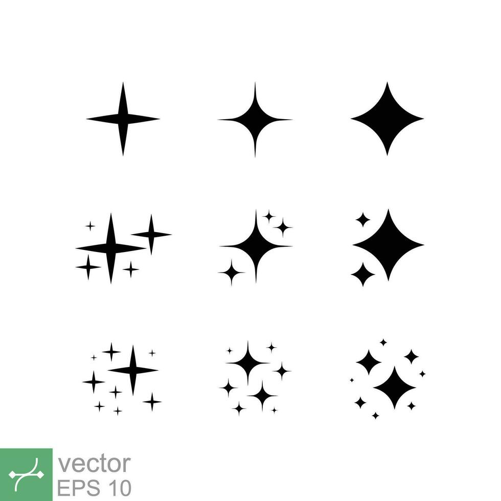 estrella brillar icono colocar. sencillo plano estilo. negro, silueta, decoración centelleo, Chispa - chispear, brillante destello, brillante ligero efecto concepto. vector ilustración aislado en blanco antecedentes. eps 10