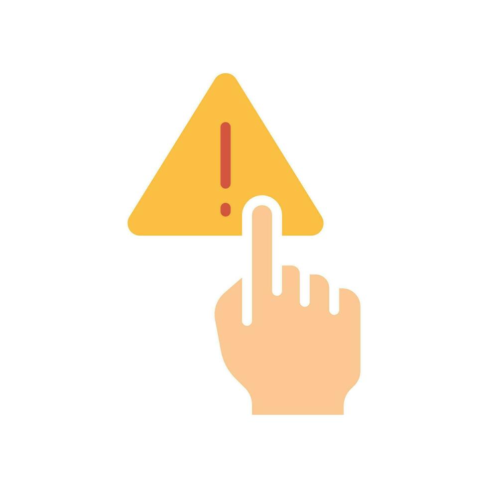 Index finger touch triangle warning symbol with exclamation mark inside for no manage hand sign. Finger, gesture, hand, interaction, warning icon Vector illustration filled outline style. EPS10