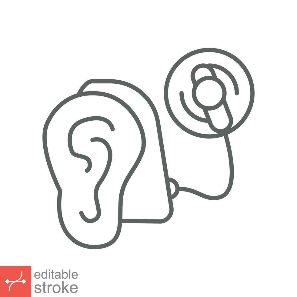 Cochlear implant icon. Simple outline style. Cybernetics, human ear with electronic device, technology, medical concept. Line vector illustration isolated on white background. Editable stroke EPS 10.