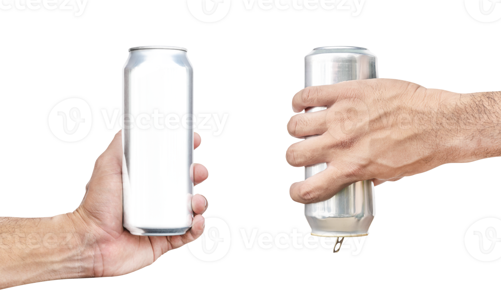 Hand hold up and down shiny aluminum can png