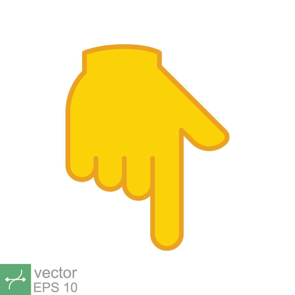 Yellow backhand index pointing down icon. Simple filled outline style. Hand, down, arrow, finger concept. Vector illustration isolated on white background. EPS 10.