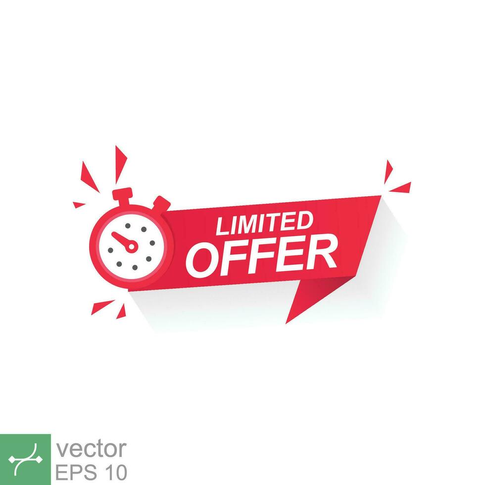 Red limited offer with clock for promotion, banner, price, sale. Label countdown time for exclusive deal, last chance. Alarm clock with limited offer isolated background. Vector illustration EPS 10.