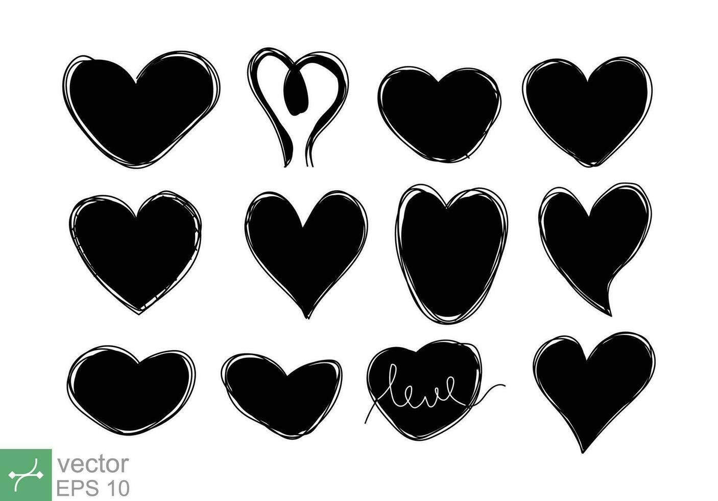 Grunge hearts black and white icon. Heart line sketch, hand drawn style. Wedding, love, frame element design. Vector illustration isolated on white background. EPS 10.