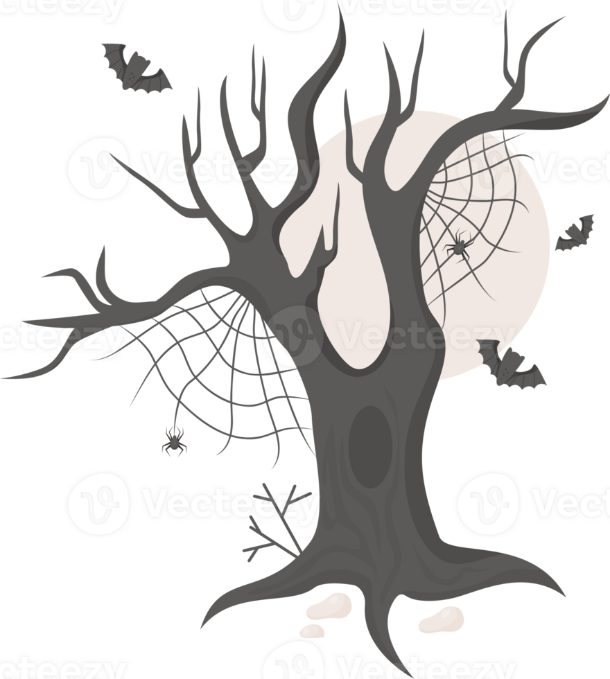 Scary tree with cobwebs, bats and full moon png