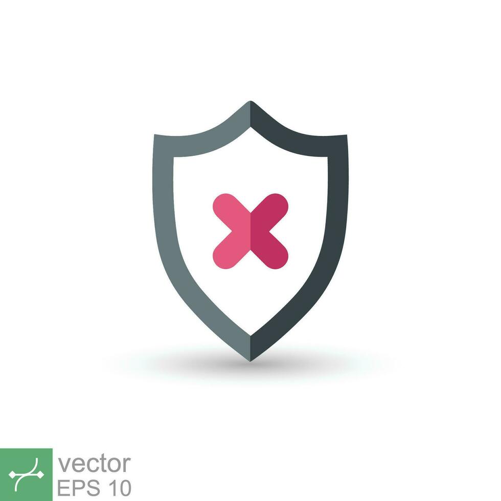 Shield with cross mark icon. Simple flat style. Decline, check mark false, danger protection, red alert, unsafe concept. Vector illustration symbol isolated on white background. EPS 10.