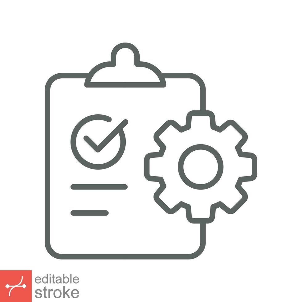 Clipboard with gear icon. Simple outline style. Project plan, document, task check list, cog, management concept. Thin line vector illustration isolated on white background. Editable stroke EPS 10.