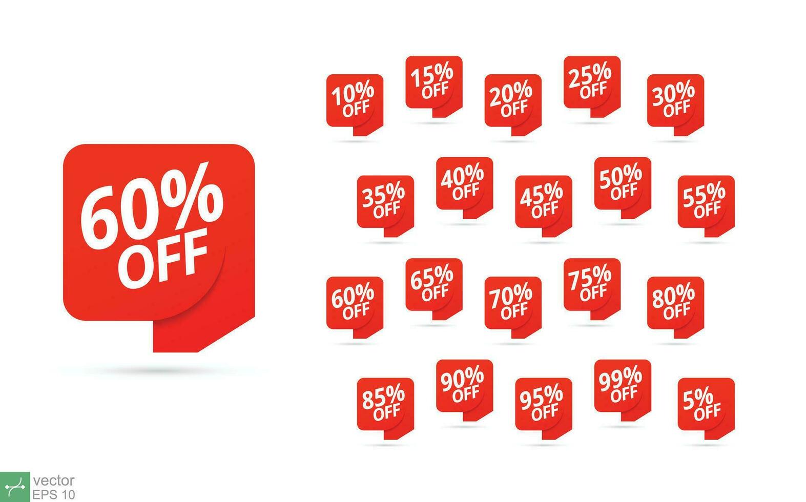 Sale label, red tag, badge. Promo discount price 10, 20, 30, 40, 50, 60, 70, 80, 90 percent. Special offer, advertising campaign template. Vector illustration isolated on white background. EPS 10.