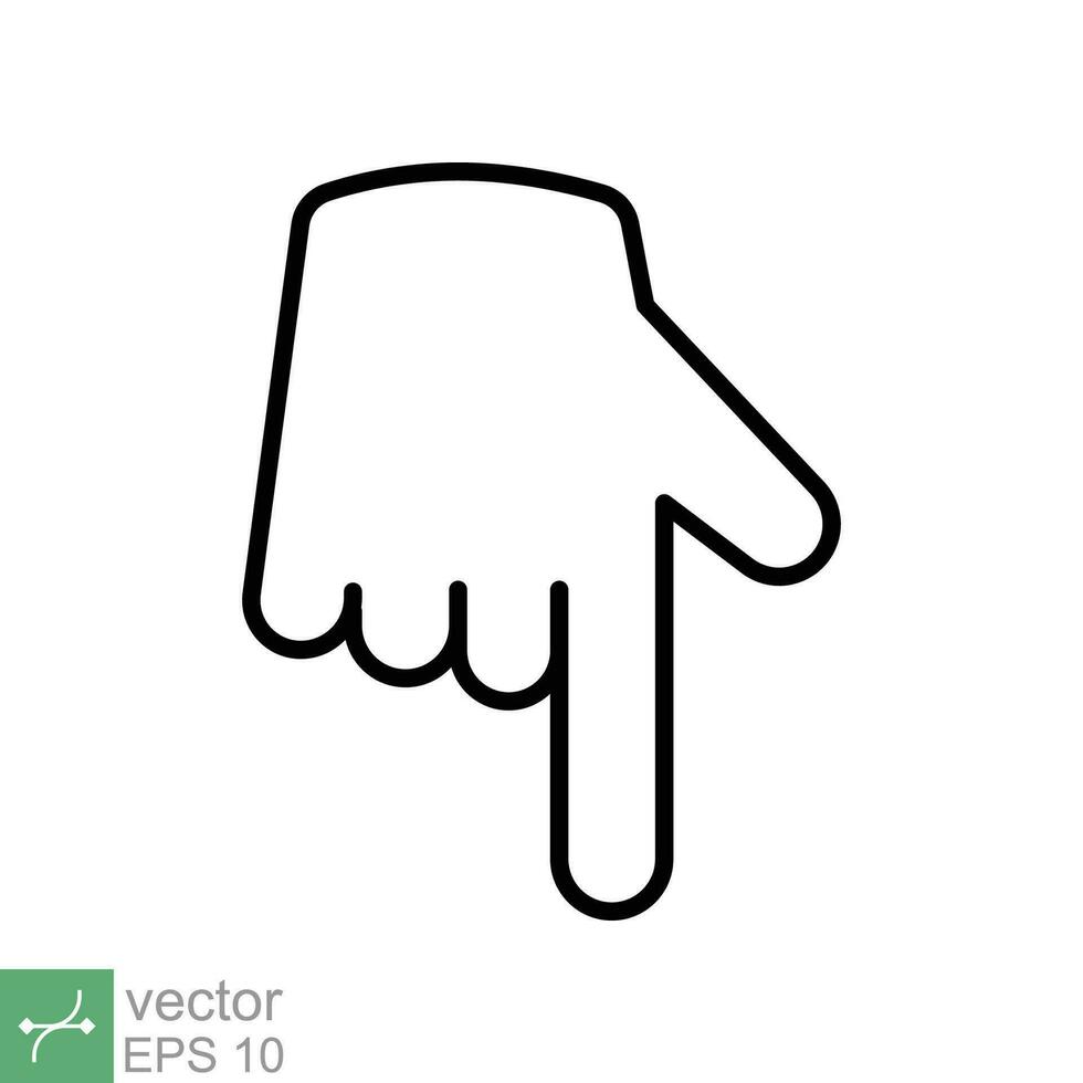 Pointing down icon. Simple outline style. Backhand index pointing down, forefinger, hand gesture pointer concept. Thin line vector illustration isolated on white background. EPS 10.