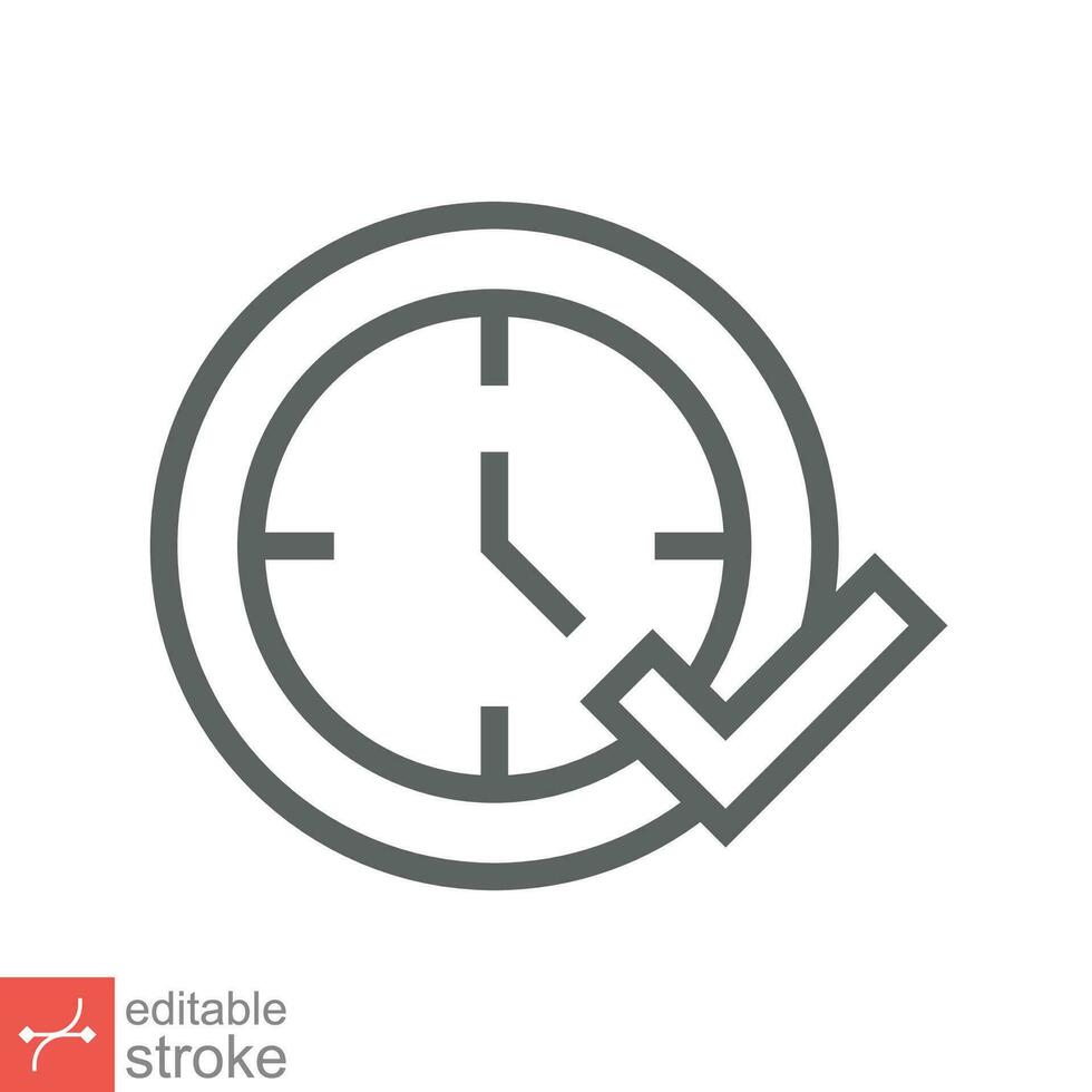 Check mark on clock icon. Simple outline style. Real time protection, perfect hour, circle watch, timer concept. Thin line vector illustration isolated on white background. Editable stroke EPS 10.