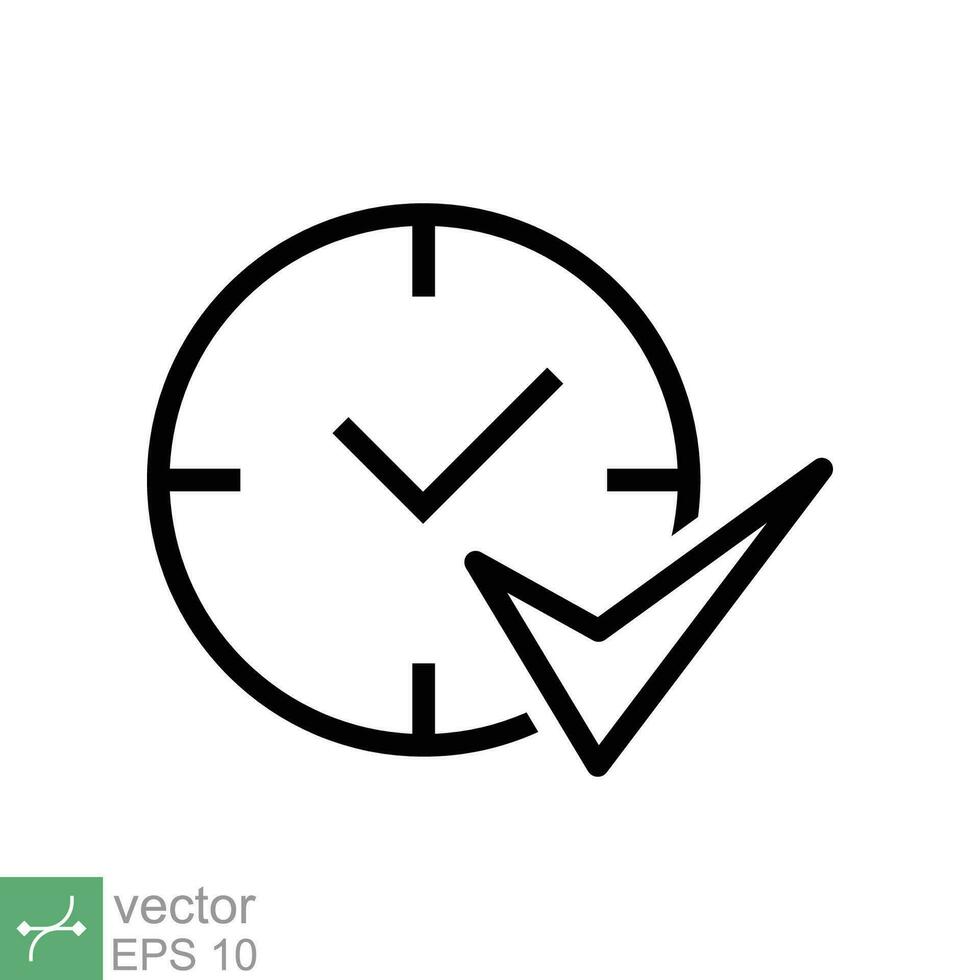 Check mark on clock icon. Simple outline style. Real time protection, perfect hour, circle watch, timer concept. Thin line vector illustration isolated on white background. EPS 10.