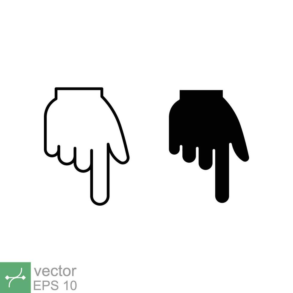 Hand pointing down icon. Simple outline and solid style. Backhand index, index finger concept. Thin line and glyph vector illustration isolated on white background. EPS 10.