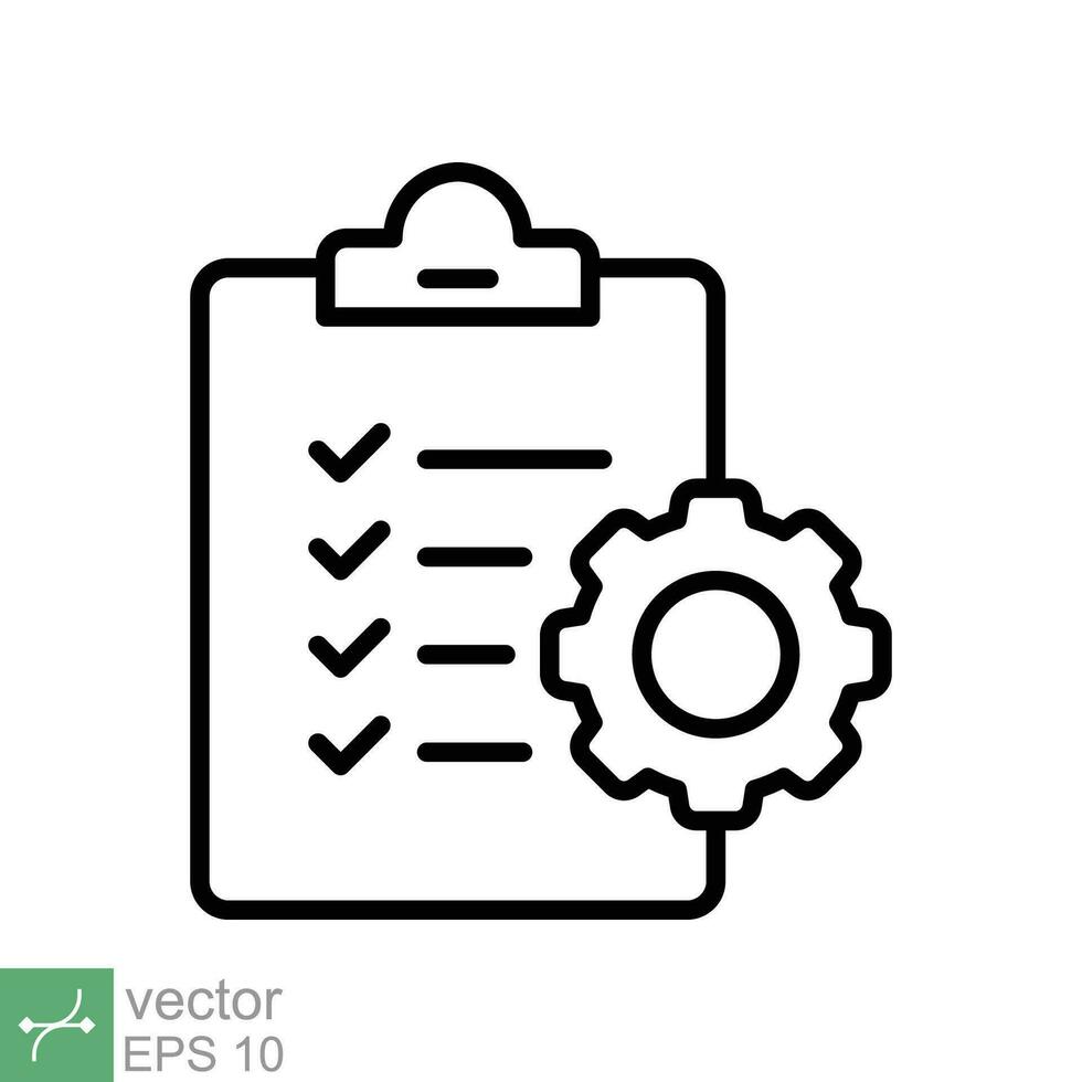 Clipboard with gear icon. Simple outline style. Project plan, document, compliant, task check list, cog, management concept. Thin line vector illustration isolated on white background. EPS 10.