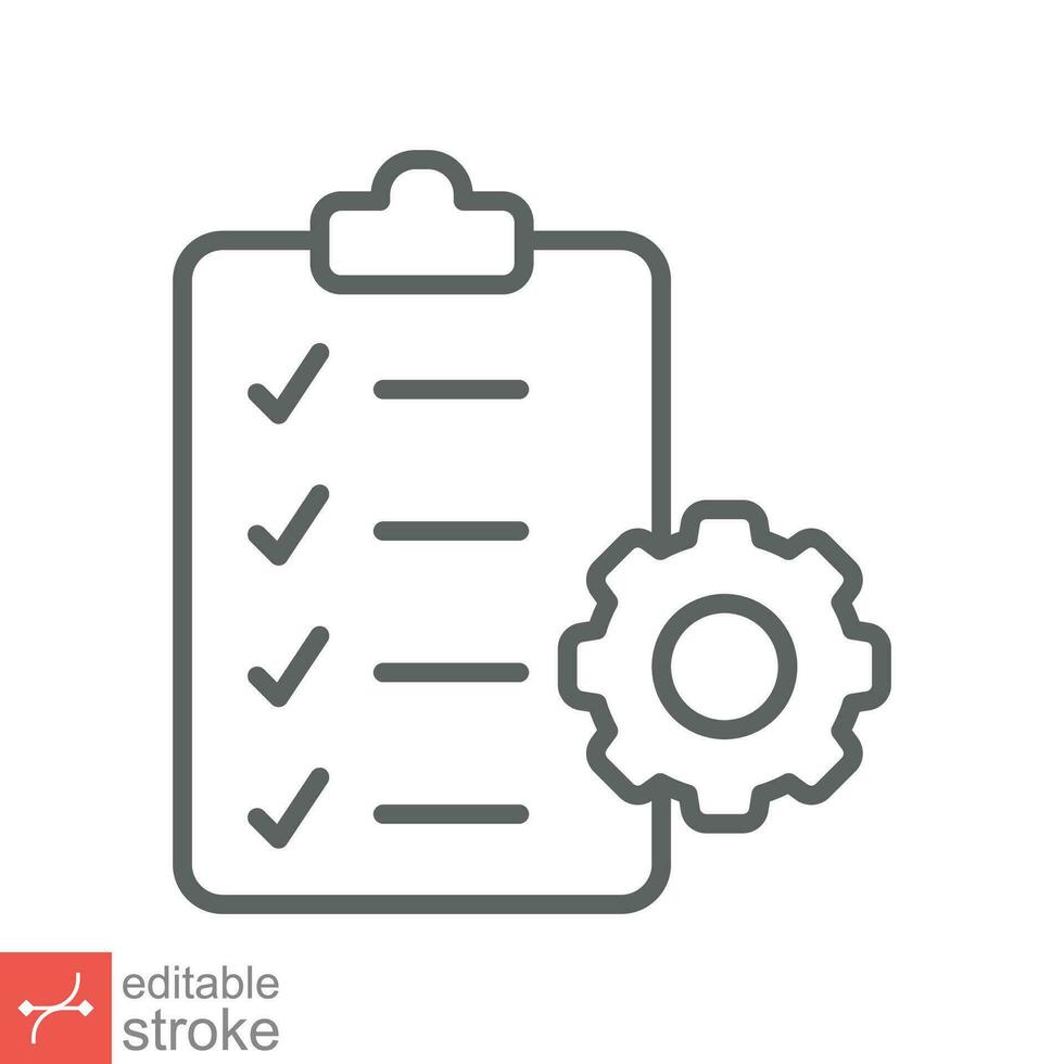 Clipboard with gear icon. Simple outline style. Project plan, document, task check list, cog, management concept. Thin line vector illustration isolated on white background. Editable stroke EPS 10.
