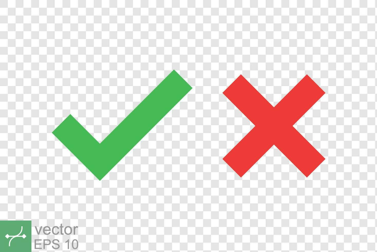 Checkmark cross icon. Simple flat style. Red x, green tick, check mark, right and wrong concept. Vector illustration isolated on editable background. EPS 10.