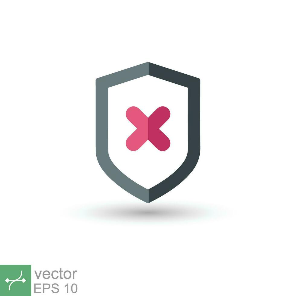 Shield with cross mark icon. Simple flat style. Decline, check mark false, danger protection, red alert, unsafe concept. Vector illustration symbol isolated on white background. EPS 10.