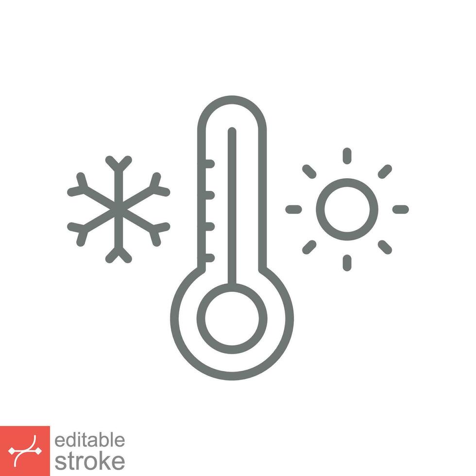 Weather temperature thermometer icon. Outline style sign for web and app. Thermometer with cold and hot symbol. Thin line vector illustration isolated on white background. Editable stroke EPS 10.