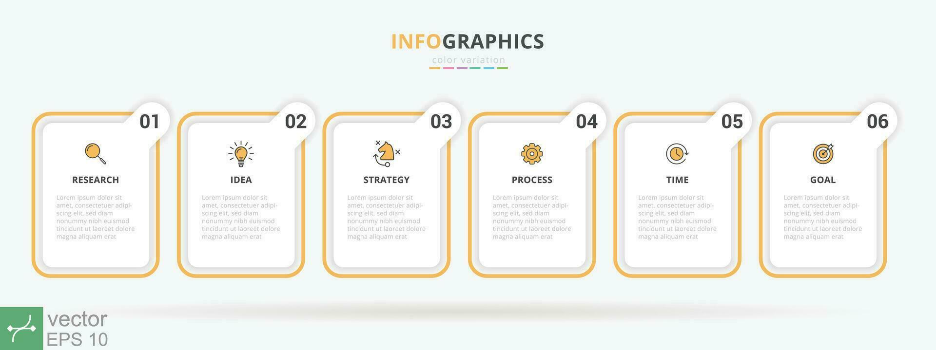Business infographic design template with 6 part steps and icons. Business process timeline, diagram, can be used for presentation banner, layout, workflow, flow chart, info graph. Vector EPS 10.