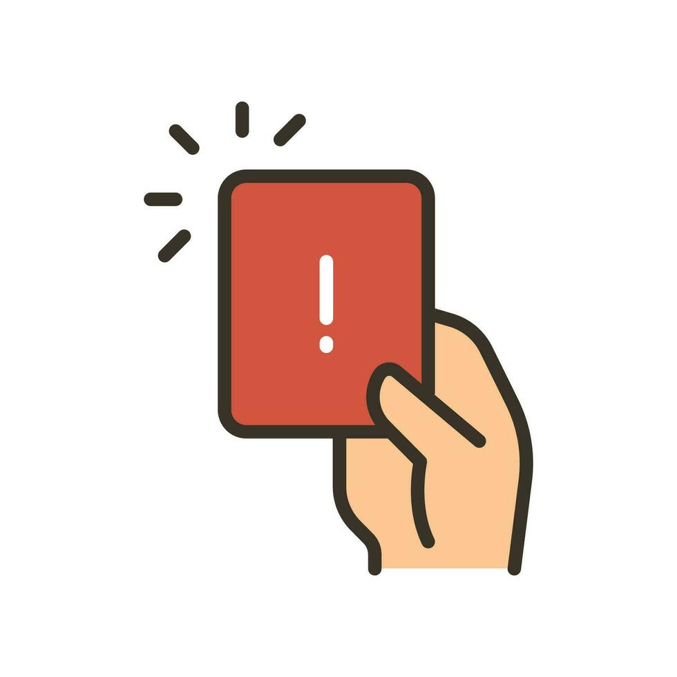 Hand holding card with exclamation mark for error card symbol. Penalty proof, Soccer or football referees hand with foul card warning icon. Vector illustration filled outline style. EPS10
