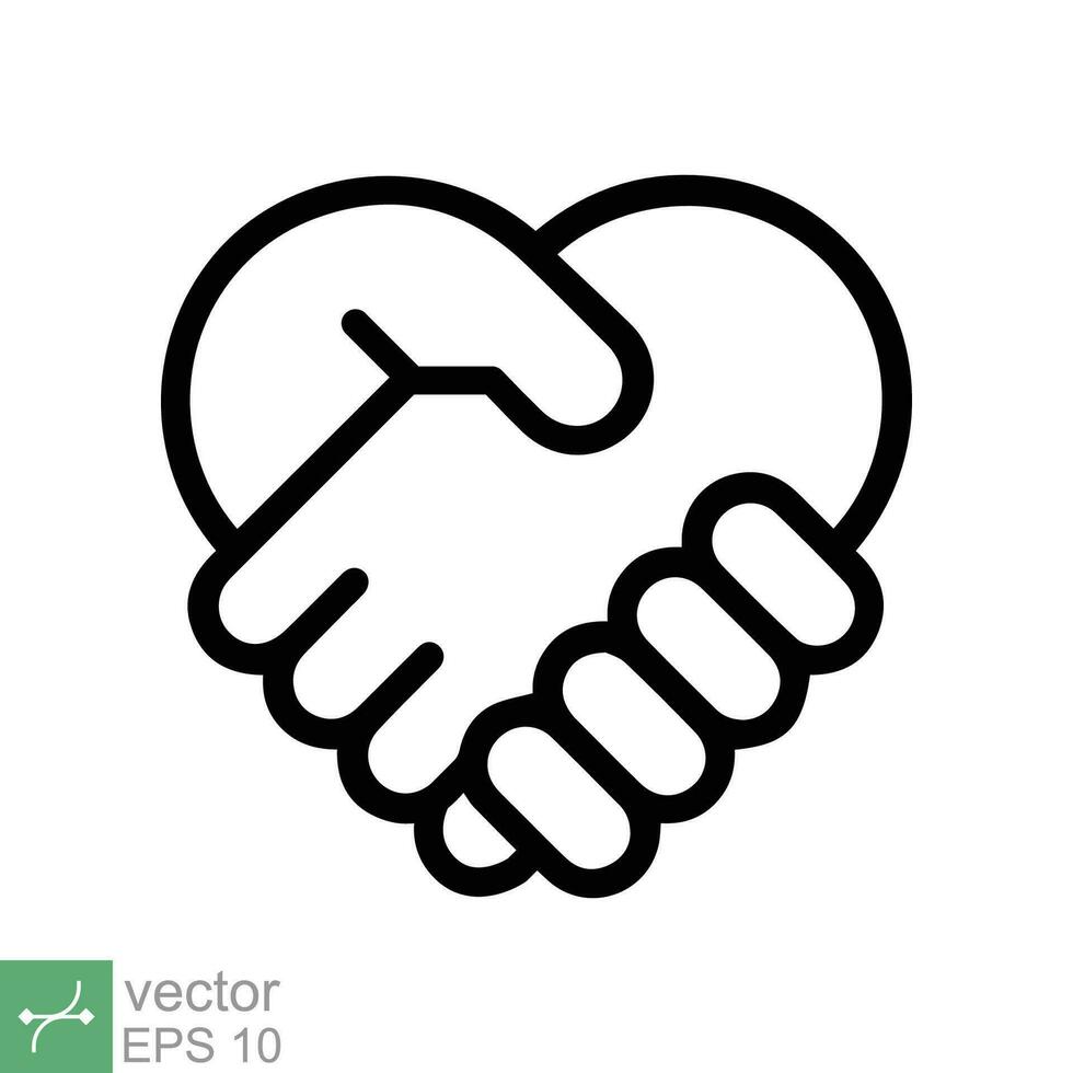 Handshake, heart hand icon. Simple outline style. Together, love sign, cooperation, deal, partner, business concept. Line vector illustration symbol isolated on white background. EPS 10.